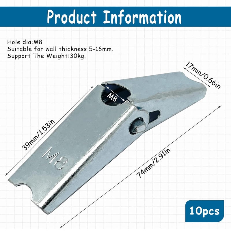 DGZ 10pcs Toggle Anchors Wing Nut Kit for Hanging Heavy Items on Drywall(M8) - Image 2